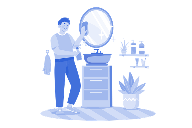 Man Cleaning Mirror In The Bathroom  Illustration