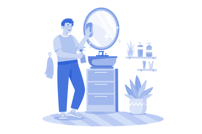 Man Cleaning Mirror In The Bathroom  Illustration