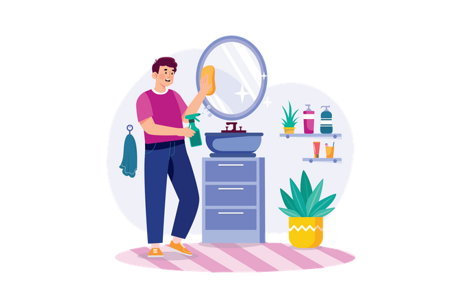 Man Cleaning Mirror In The Bathroom  Illustration