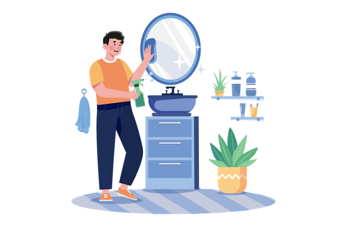 Man Cleaning Mirror In The Bathroom  Illustration