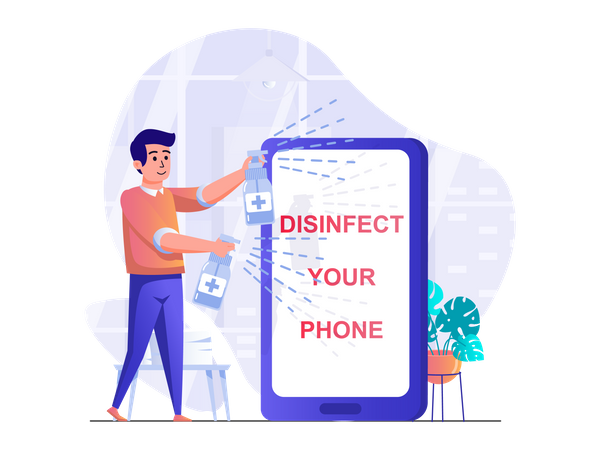 Man cleaning phone with disinfection spray Illustration