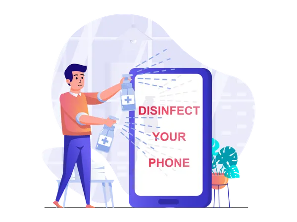 Man cleaning phone with disinfection spray  Illustration
