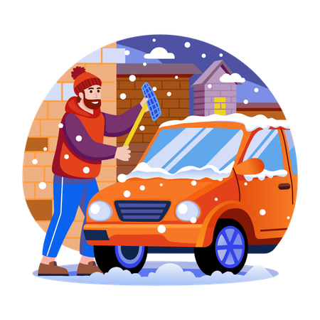 Man Cleaning Snow from car's mirror  Illustration