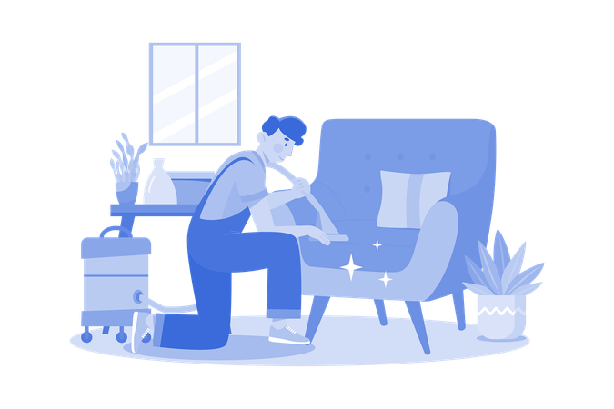 Man Cleaning The Sofa With The Vacuum Cleaner  Illustration