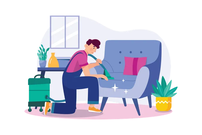 Man Cleaning The Sofa With The Vacuum Cleaner Illustration