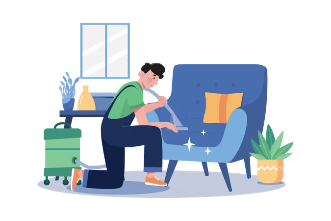 Man Cleaning The Sofa With The Vacuum Cleaner Illustration