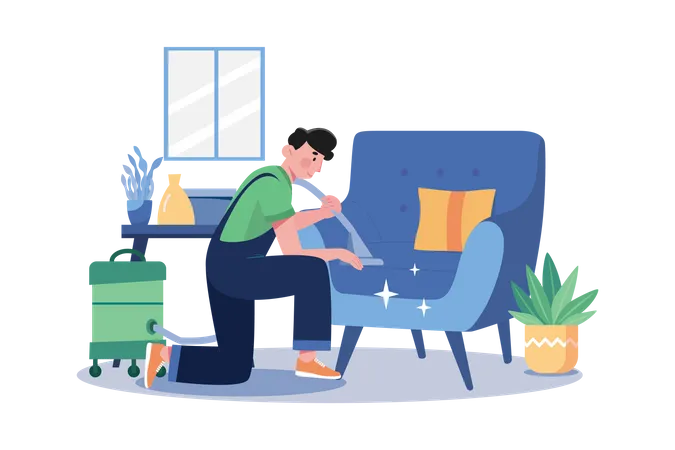 Man Cleaning The Sofa With The Vacuum Cleaner  Illustration