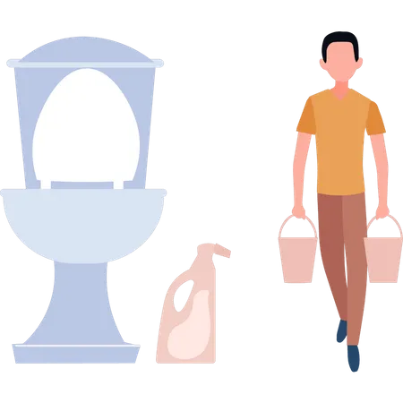 The Boy Is Cleaning The Toilet Illustration