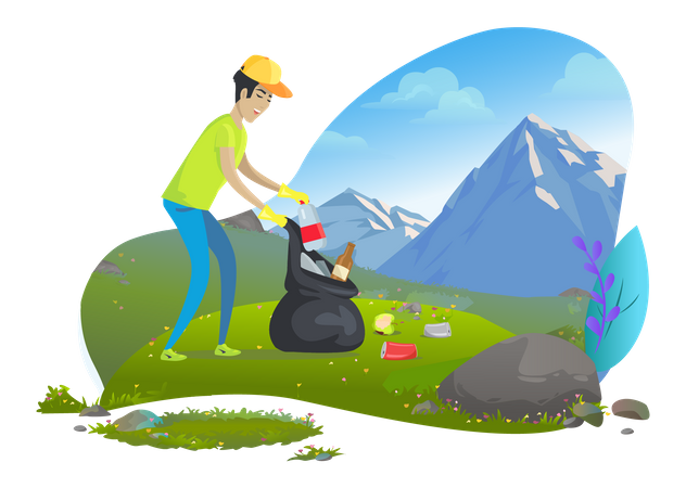 Man cleaning trash on mountain  Illustration