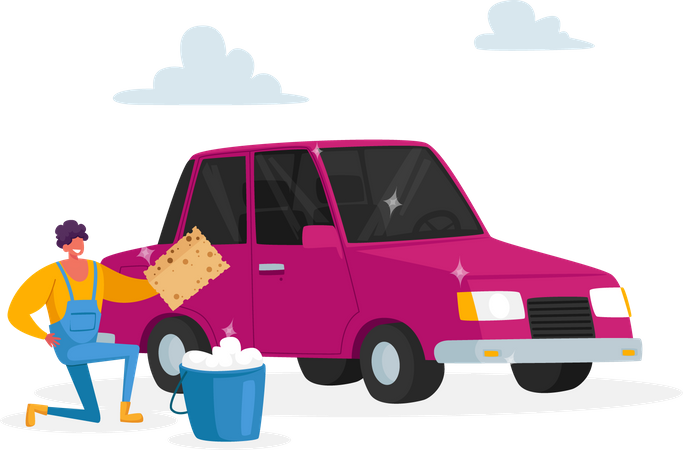 Man Cleaning Vehicle Illustration