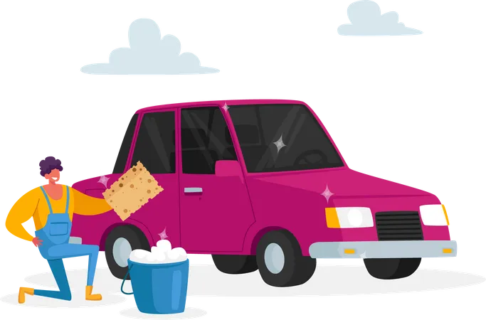 Man Cleaning Vehicle  Illustration