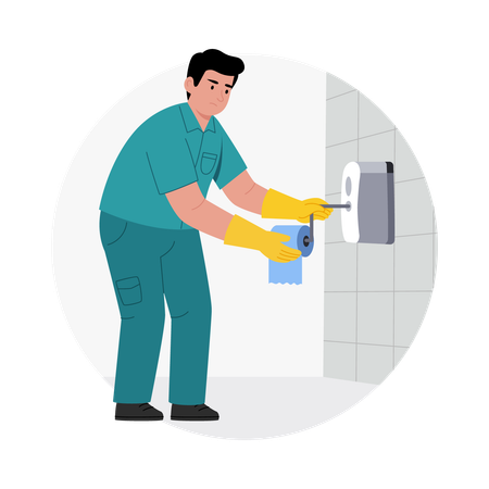 Man Cleaning wall-mounted soap dispenser  Illustration
