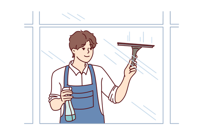 Man cleaning window glass using wiper  Illustration