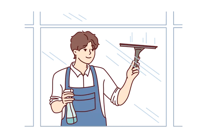 Man cleaning window glass using wiper  Illustration