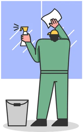 Window Cleaner In Uniform With The Professional Equipment For Cleaning Windows Man Cleaning And Rub Facade Windows Of Building Using Spray And Napkin Cartoon Linear Outline Flat Vector Illustration Illustration