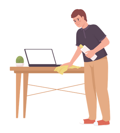 Man cleaning wooden table surface with cloth  Illustration