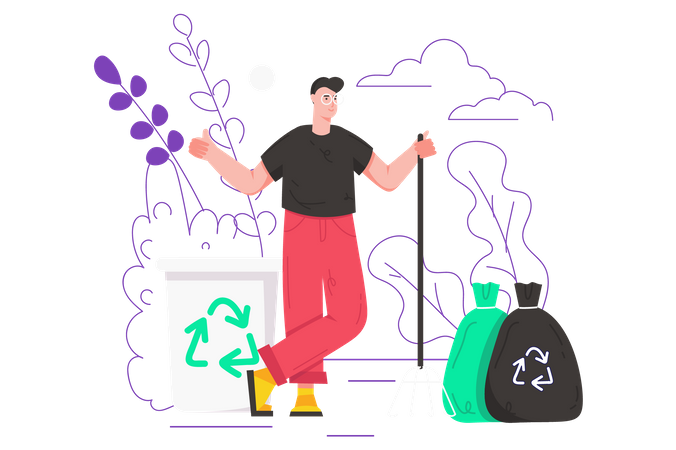 Man cleans up garbage Illustration
