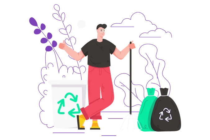 Man cleans up garbage Illustration