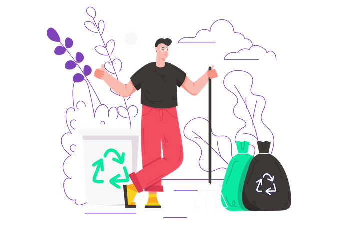 Man cleans up garbage  Illustration