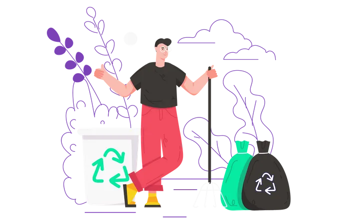 Man cleans up garbage  Illustration