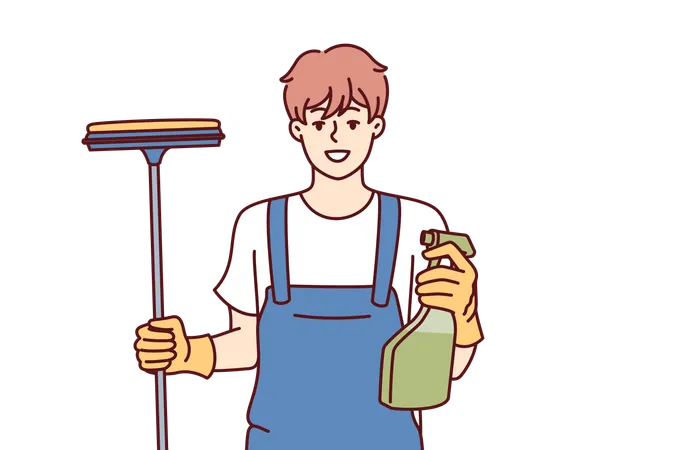 Happy Man Window Cleaner Holds Spray Bottle With Detergent And Mop For Cleaning Glass And Glossy Surfaces Professional Janitor Provides Window Cleaning Services In Business Centers And Offices Illustration