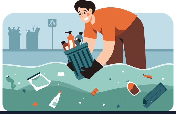 Man clears lake of trash  Illustration