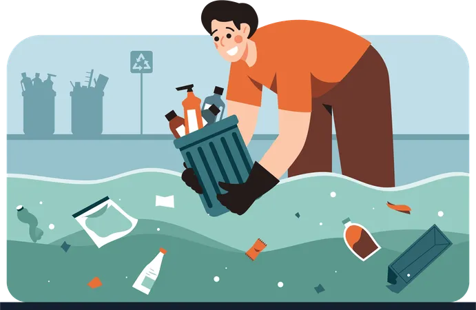 Man clears lake of trash  Illustration