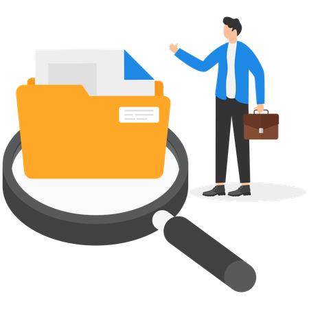 Man clerk search files data with magnifying glass in folder  Illustration