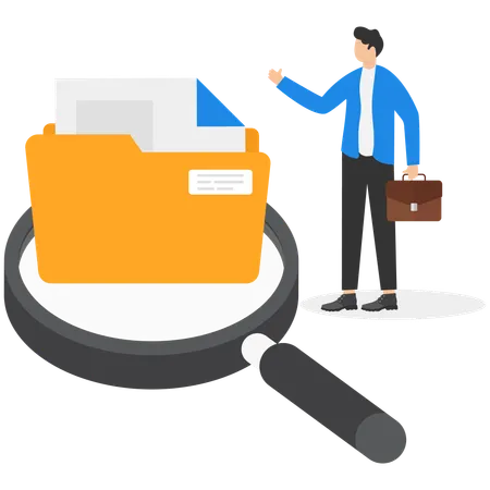 Man clerk search files data with magnifying glass in folder  Illustration