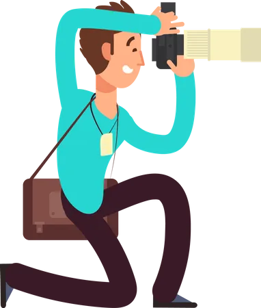 Funny Professional Photographer With Camera Taking Photo In Different Poses Vector Cartoon Character Illustration