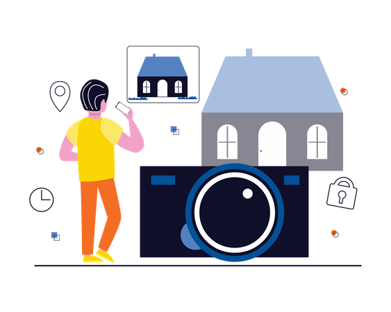 Man clicking photo of house  Illustration