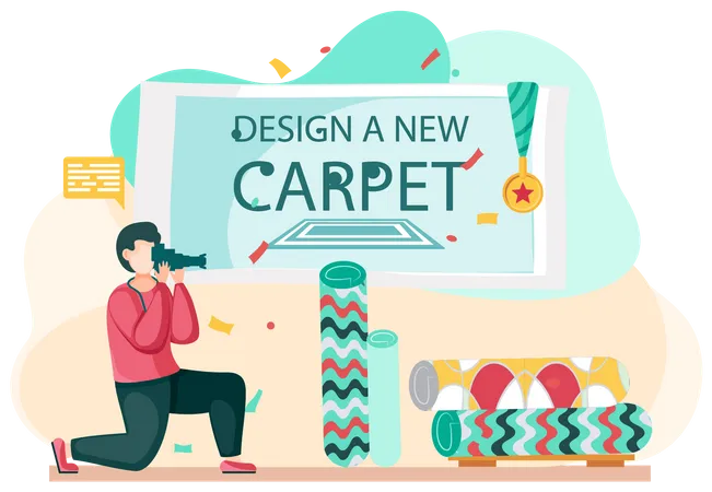Manufacture Of Carpets Concept Man Is Working On Design Of New Carpet Interior Shop Exhibition Of Interior Items Person Stands Near Rolled Carpets Photographing Rugs For Advertising Booklet Illustration