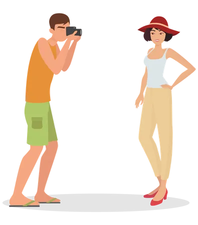 Man clicking picture of girlfriend at beach  Illustration