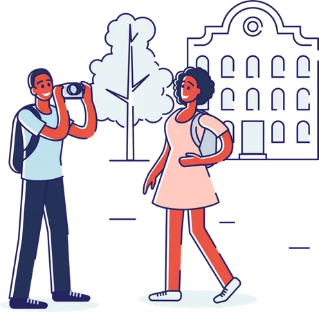 Man clicking picture of wife at tourist destination  Illustration