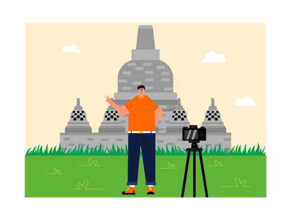 Man clicking self photo at Borobudur Temple  Illustration