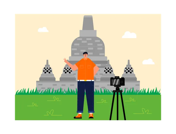 Man clicking self photo at Borobudur Temple  Illustration