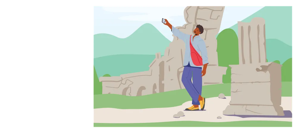 Man clicking selfie with ancient monument Illustration