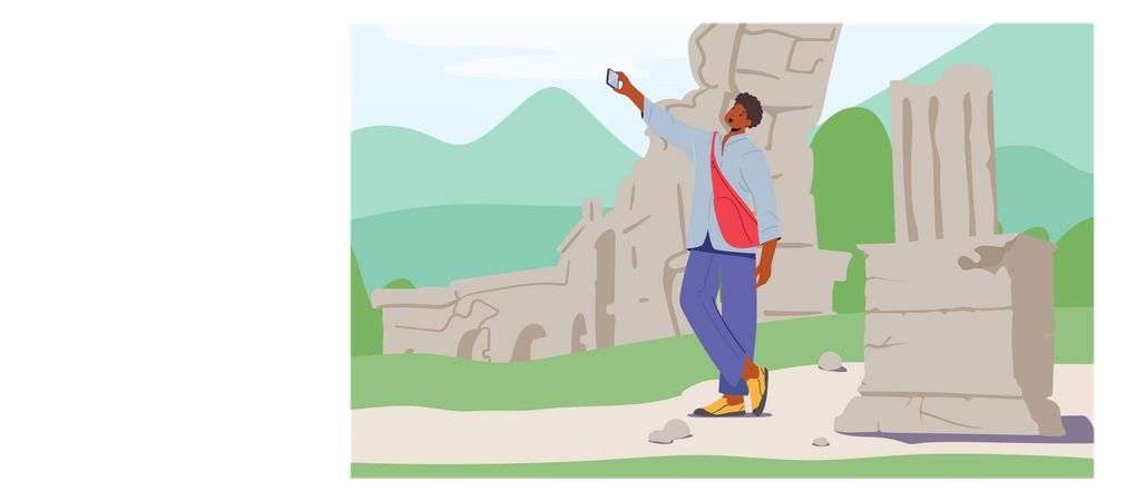 Man clicking selfie with ancient monument  Illustration