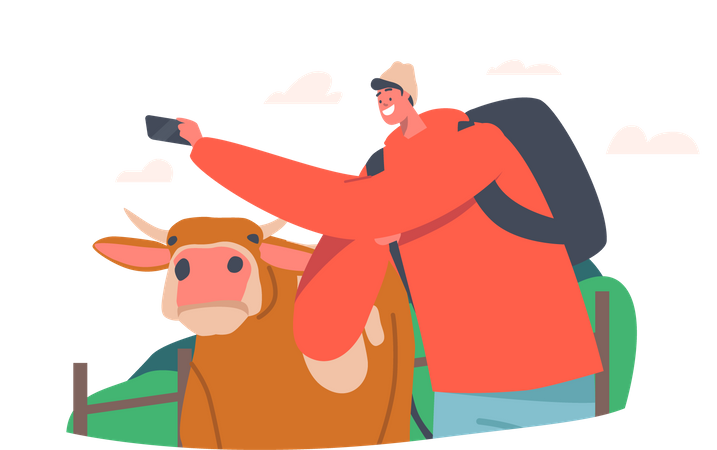 Man clicking selfie with cow  일러스트레이션
