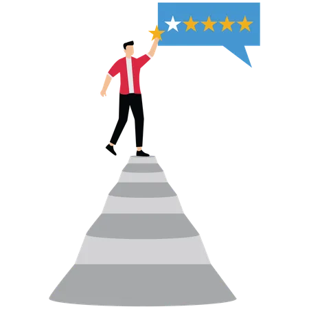 Man climb up ladder to Customer giving five stars rating review  Illustration