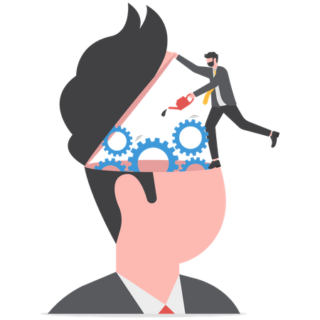 Man climb up ladder to fix and lubricate gear cogs on his brain head  Illustration