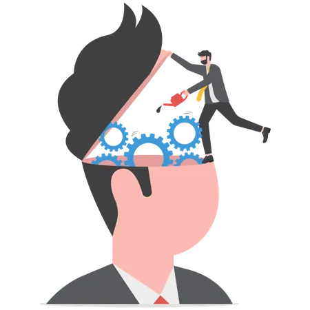 Man climb up ladder to fix and lubricate gear cogs on his brain head  イラスト
