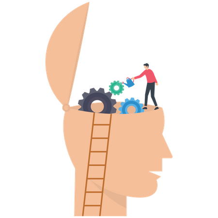 Man climb up ladder to fix and lubricate gear cogs on his brain head  Illustration