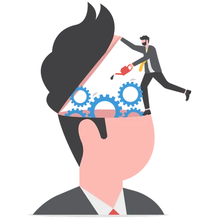 Man climb up ladder to fix and lubricate gear cogs on his brain head  Illustration