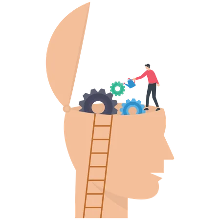 Man climb up ladder to fix and lubricate gear cogs on his brain head  Illustration