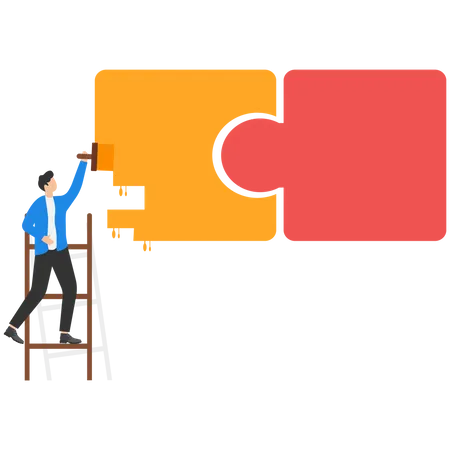 Man Climbed Up A Ladder To Paint A Puzzle Symbol Teamwork And Unity Business Negotiation And Agreement Symbol Of Communication Vector Illustration Illustration