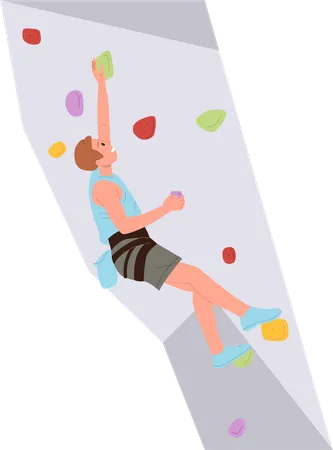 Excited Man Climber Cartoon Character Hanging On Hands Gripping Stones On Artificial Rock Isolated On White Background Male Athlete Training On Cliff At Mountaineering Gym Vector Illustration Illustration