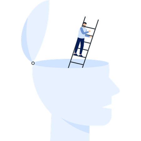 Man climbing a ladder out of an open mind representing ideas and growth  Illustration