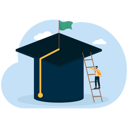 Man climbing coins up onto graduation cap  Illustration