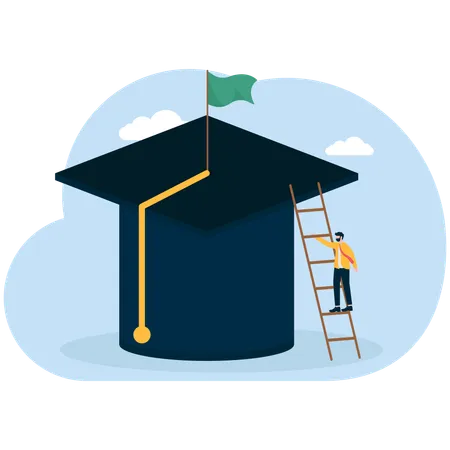 Man climbing coins up onto graduation cap  Illustration